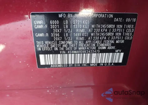 2019 Subaru Ascent Touring z USA, uszkodzony, nr VIN 4S4WMARD8K3422475